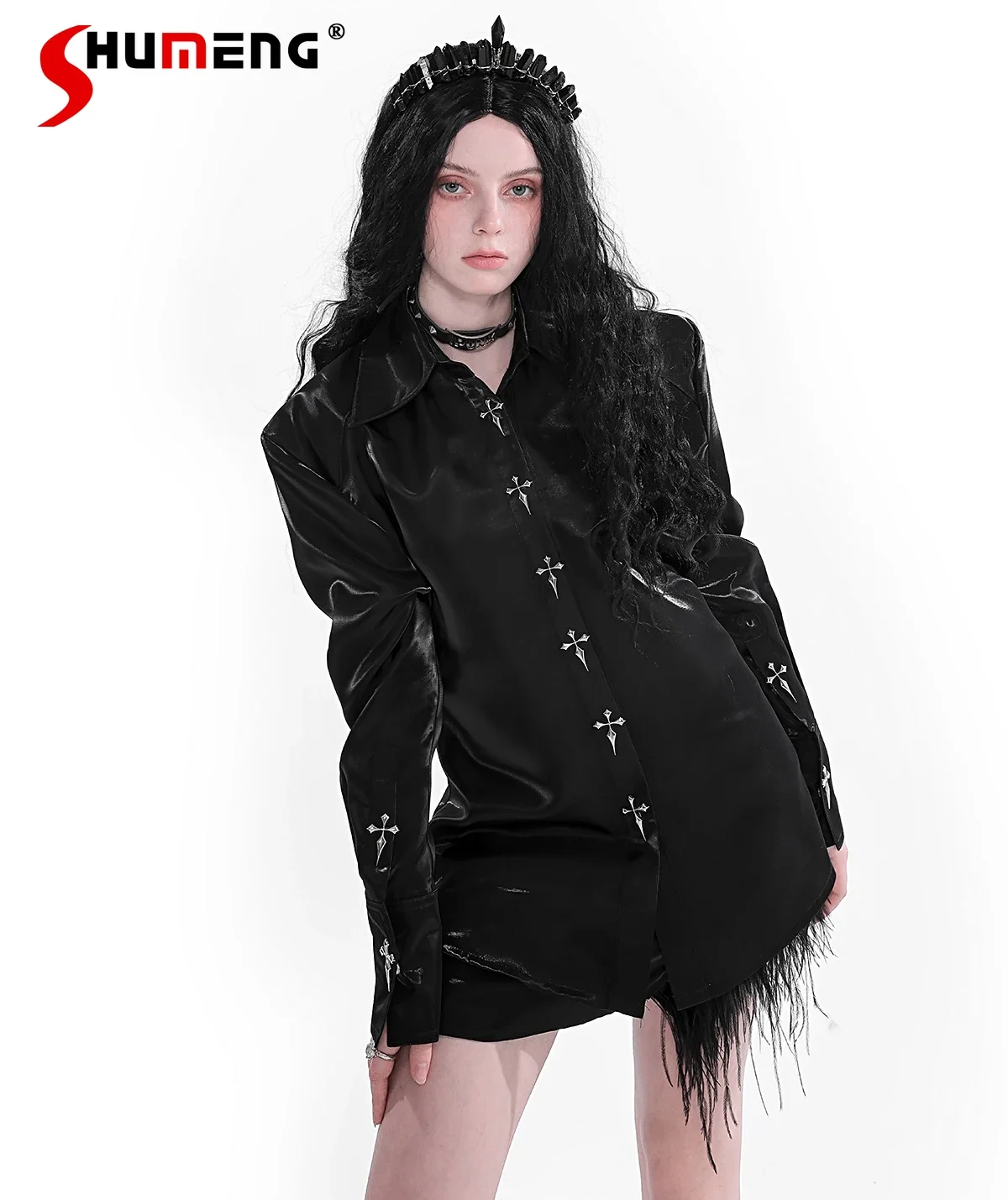 Металлическая перекрестная пуговица свободная элегантная черная рубашка с