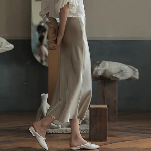 Women Elegant Skirts Korean Fashion Satin Silk A-line Skirt Office Black Champagne Long Summer Skirts for Office Lady