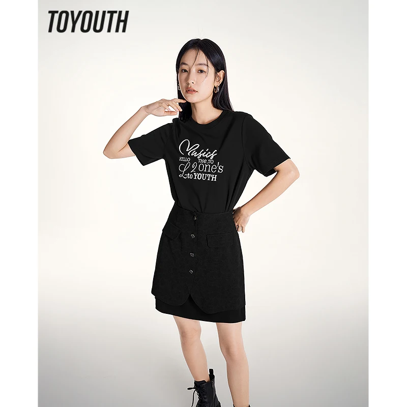 Toyouth Women Two Piece Set 2023 Summer Short Sleeves Round Neck Letter Print Tshirt Dress Button Pocket Design Jacquard Skirt