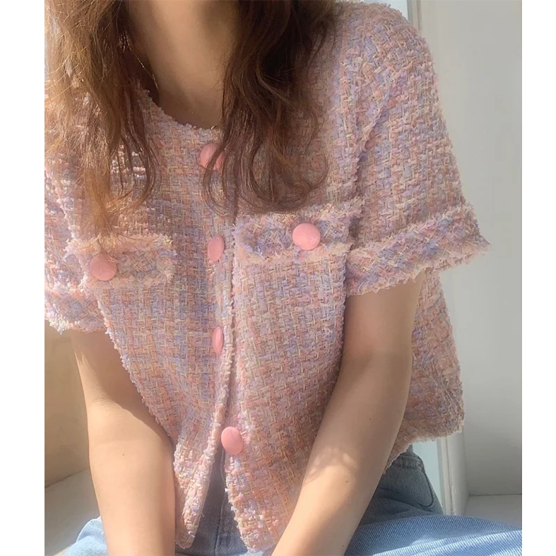 

Korean Fashion Summer Loose Pocket Crew Short Sleeve Pink Tweed Jacket Temperament Single-breasted Sweet Fringed Cardigan