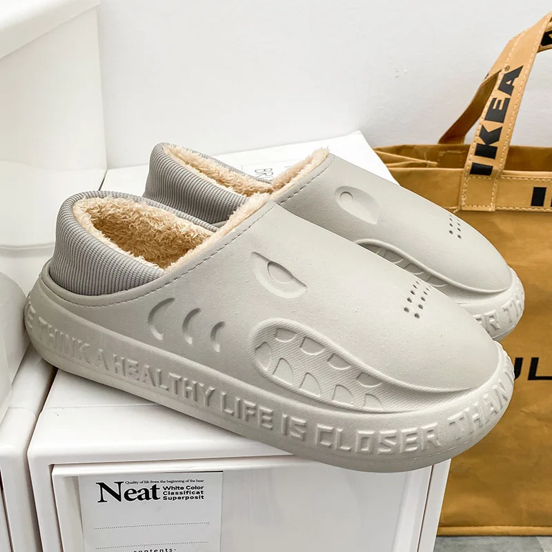 

2022 Home Winter Men Thick Platform Waterproof Non-Slip Rubber Slippers Warm Indoor Fur Cotton Men Couples Ladies Cartoon Shoes