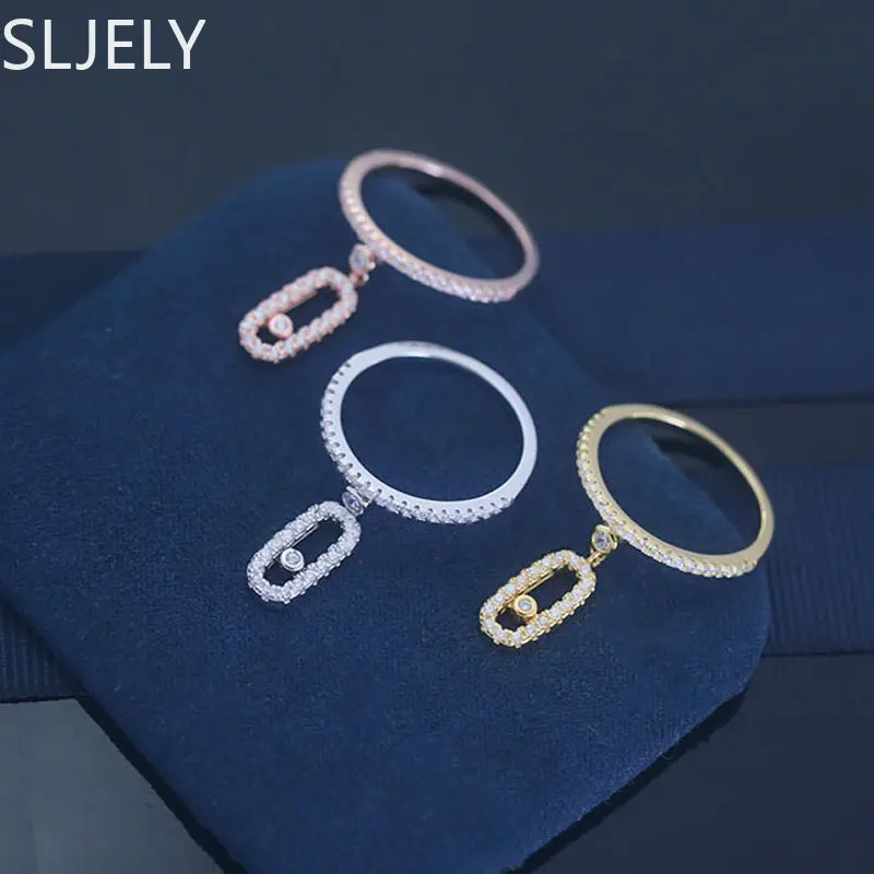 

SLJELY Fashion 100% 925 Sterling Silver Movable Diamond Stones Ring with 18k Gold for Women Girls Fine Jewelry Holiday Gift