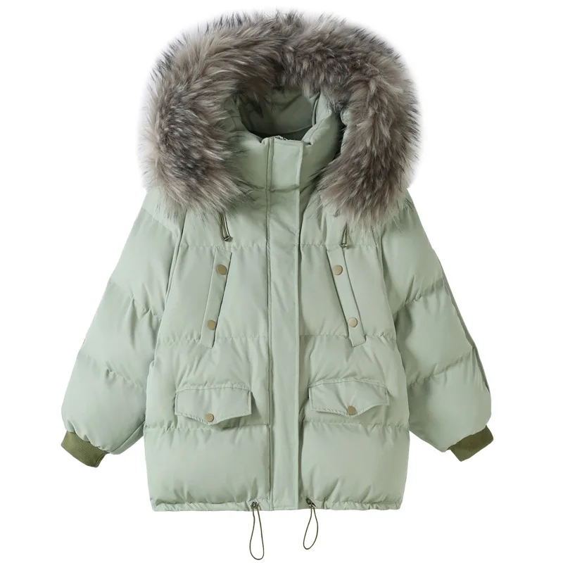 Winter Plush Hooded Coat Women Drawstring Warm Thick Jacket Korean Fashion Casual Solid Color Feather Down Cotton Parkas Jackets