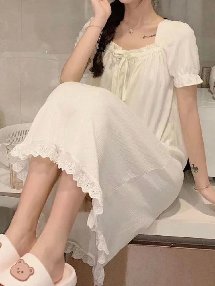 Ночные рубашки с бантом женские элегантные летние пижамы миди пышными рукавами