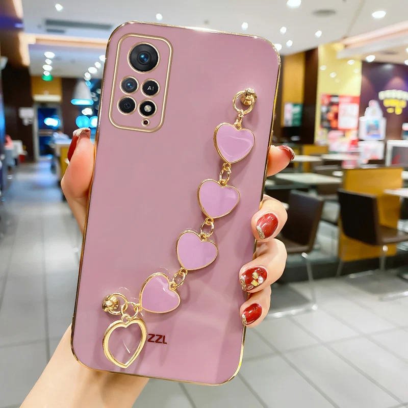 Fashion Plating Love Heart Bracelet Chain Case For Xiaomi Redmi Note 11 12 11S 10 10S 10C 10A 9S 9T 9C 12T Shockproof Case Cover