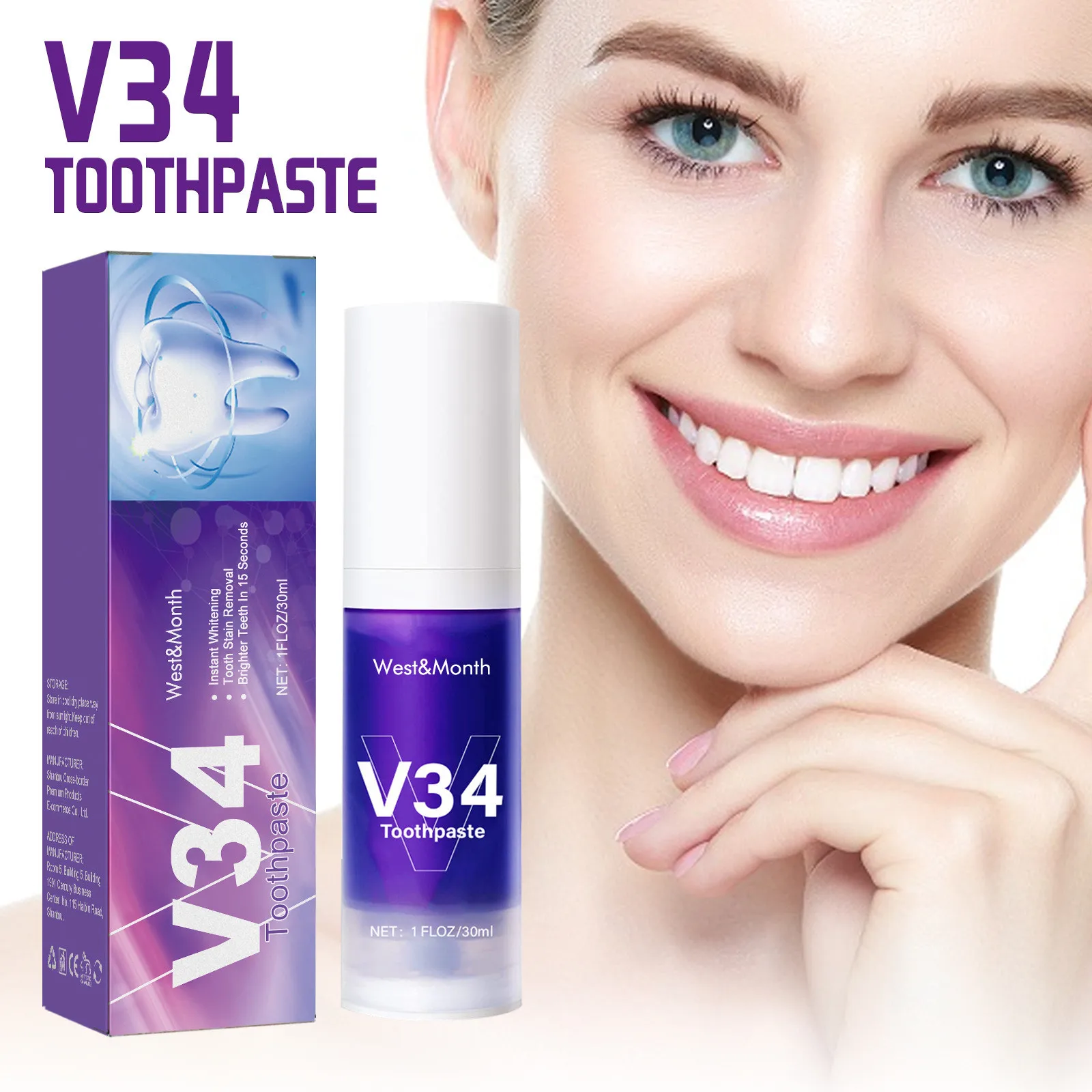 

V34 Whitening Fresh Breath Brightening Purple Toothpaste Remove Stain Reduce Yellowing Care For Teeth Gums Oral 30ml Hot Selling