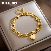 dieyuro 316l stainless steel gold color heart love charm bracelet for women new design girls 2 layer chain wrist jewelry gifts