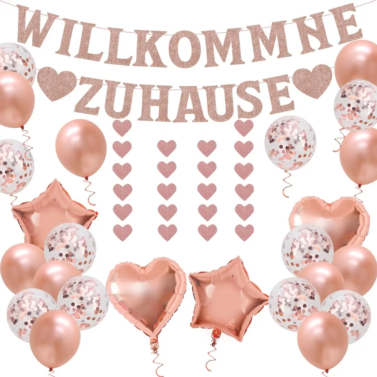 

CHEEREVEAL Welcome Home Theme Decorations Rose Gold Willkommen Zuhause Banner Star Heart Foil Balloons for Family Party Supplies