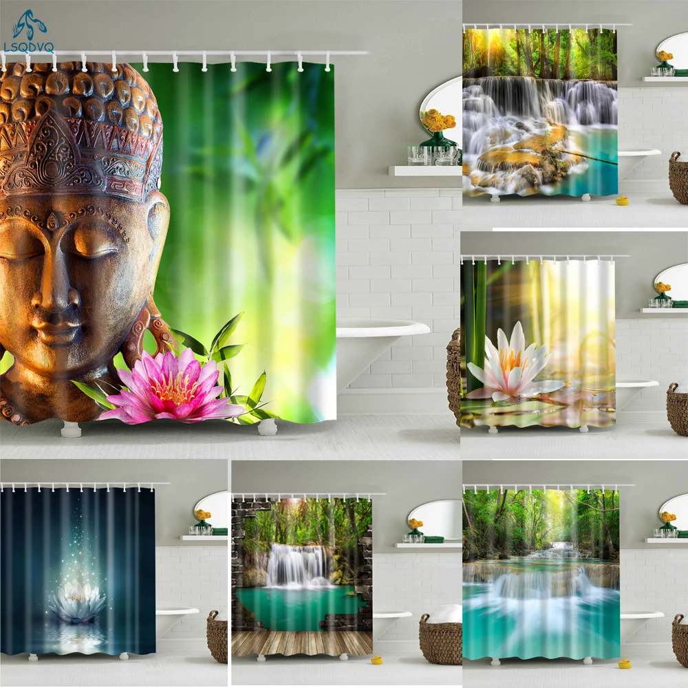 

Rural Scenery Stream Stone Lotus Buddha Printed Shower Curtain Waterproof Polyester Shower Curtain With Hook cortina de la ducha