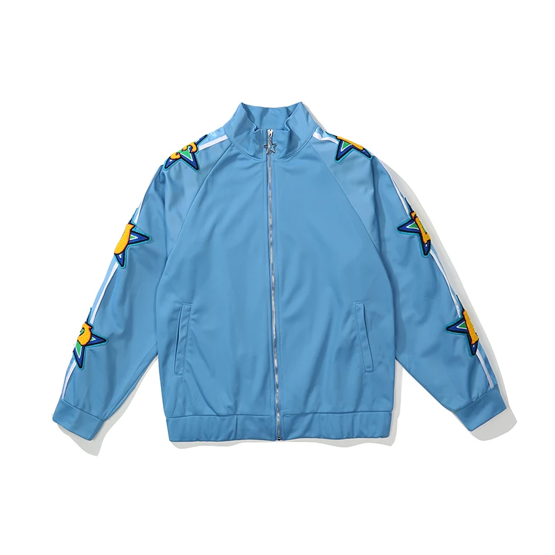 Mens and Womens High Street Lapel Velvet Zipper Casual Coat Oversize Sleeve Letter Embroidery Striped Autumn Jackets