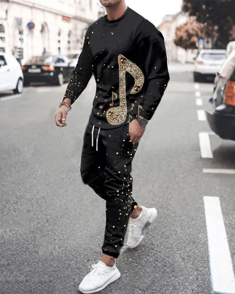 

2022 New Men's Suit Spring Autumn Men's Fashion Casual Music Notation Long Sleeve T-Shirt Jogging Sports Pants Two Piece Set