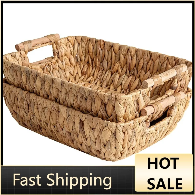 

StorageWorks Hand-Woven Large Storage Baskets with Wooden Handles, Water Hyacinth Wicker Baskets for Organizing, 2-Pack