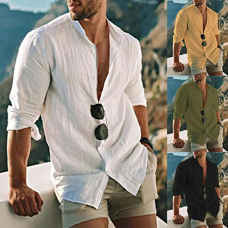 

2023 Spring Casual Buttoned V Neck Tops Men Leisure Shirts Streetwear Fashion Loose Long Sleeve Solid Color Men's Shirt Clothes