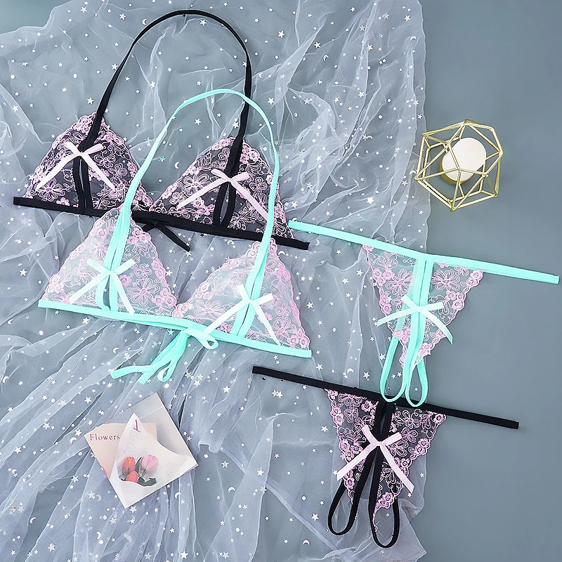 

Женский сексуальный комплект с бюстгальтером, экзотическое кружевное нижнее белье, бюстгальтеры с лямкой на шее и с бантом, одежда для стри...