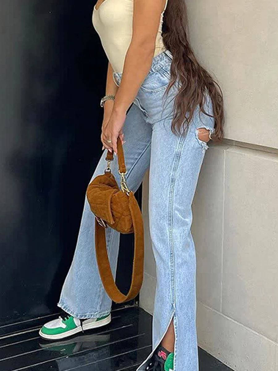 

Женские рваные джинсы HEZIOWYUN в стиле пэчворк с высокой талией, длинные облегающие брюки с разрезом