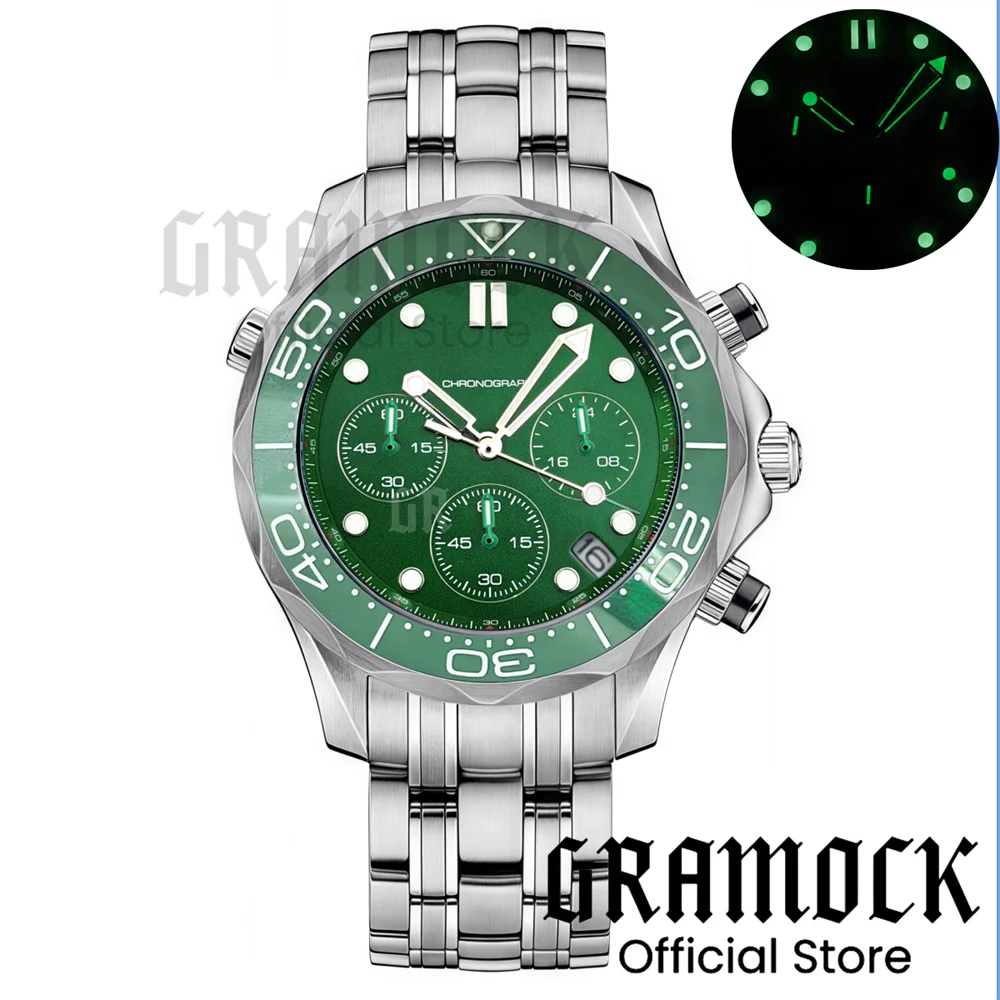 Фото Gramock 41 мм Мужская мода VK63 Наручные часы с хронографом Сапфировое стекло Светящийся циферблат Стрелки Керамический безель Стальные часы для дайвинга для мужчин №3