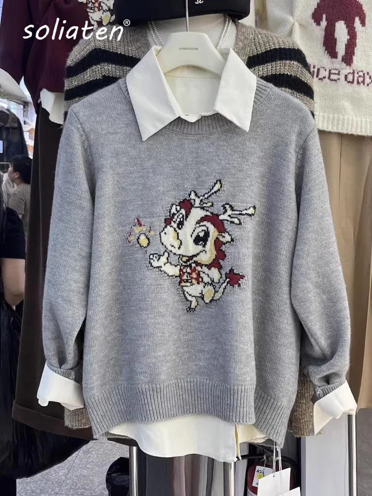 

Sweet Sweater Pullover Women Cartoon Pullover Autumn Winter Outwear Loose Vintage Knitted Tops Female Fashion C-283