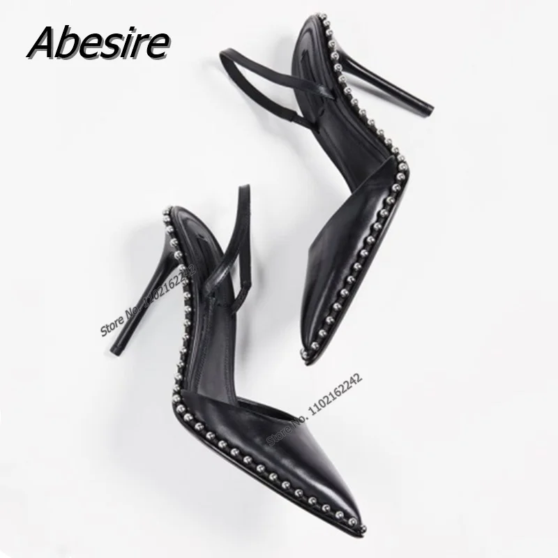 Black Sexy Rivet Pointed Toe Pumps Sandals Stiletto Elastic Strap Sandals Fashion Night Club Party High Heels Gladiator 2022