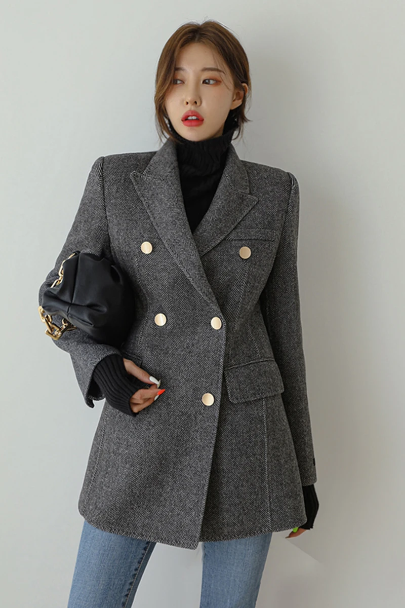 

Suit woolen jacket ladies Korean version 2021 autumn and winter new mid-length slim woolen coat thickened