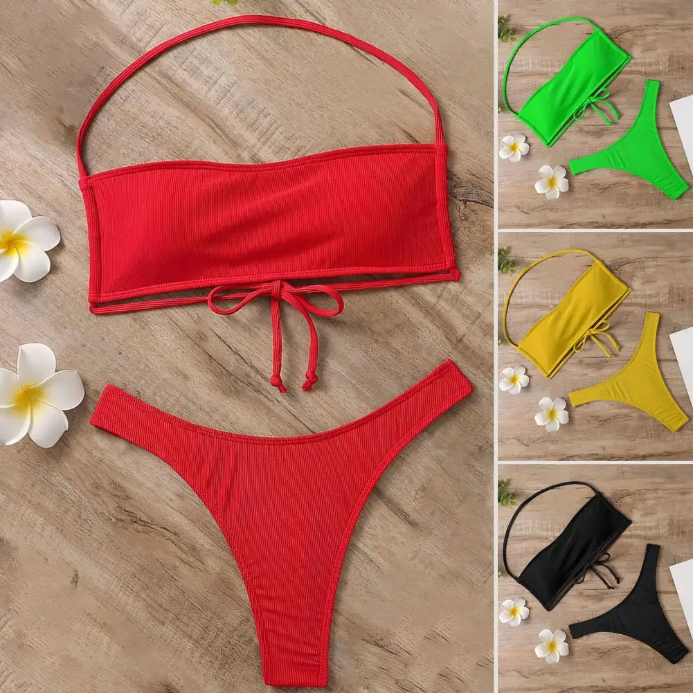 

Дышащий эластичный беспроводной женский купальный костюм на шнуровке с лямкой на шее, пляжная одежда