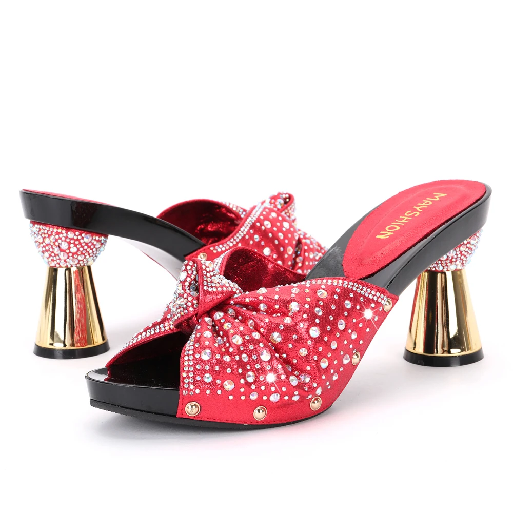 

Женская обувь, новинка, женские туфли золотого цвета на высоком каблуке в африканском стиле, элегантные шлепанцы в нигерийском стиле, Женск...