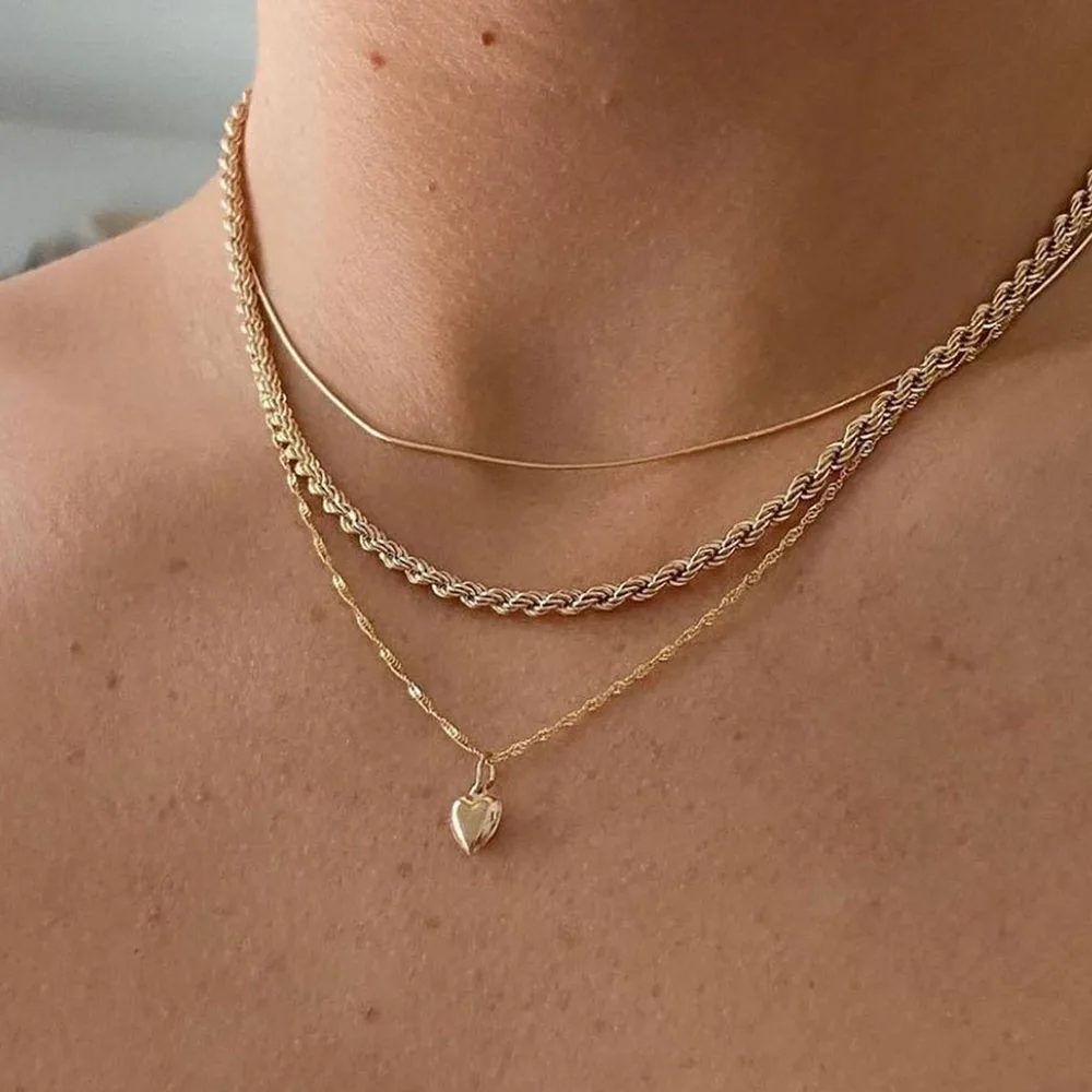 Модное многослойное золотистое металлическое ожерелье с сердечком для женщин