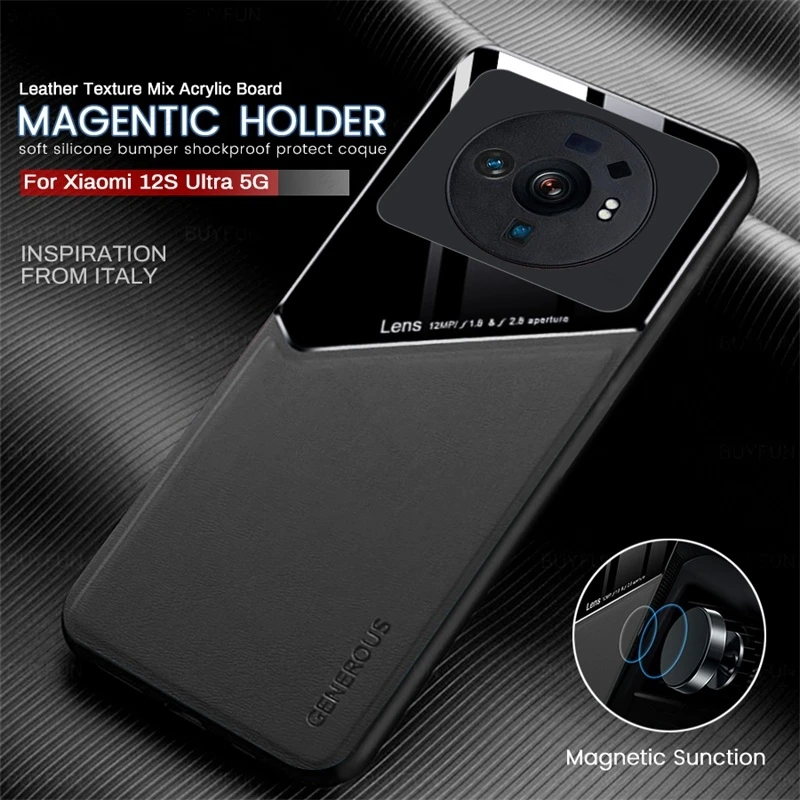 

For Xiaomi 12S Ultra Phone Case Car Magnetic Holder Leather Cover on Xiomi Mi12SUltra Mi 12 S Ultra 5G Soft Frame Protect Funda