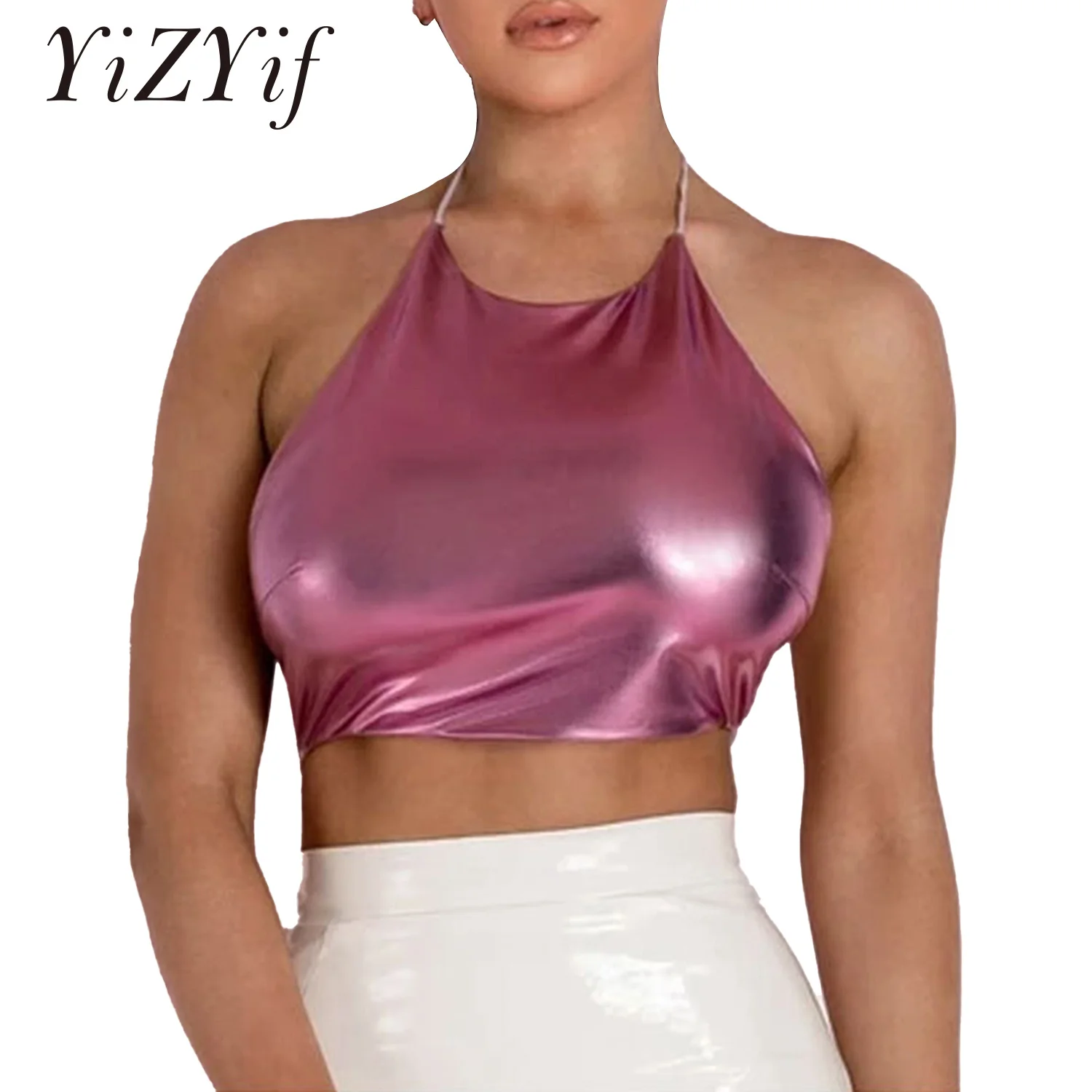 

Жилет из искусственной кожи Женский, блестящий, металлик, на лямках, с завязкой сзади, укороченный, сексуальный, для вечеринок