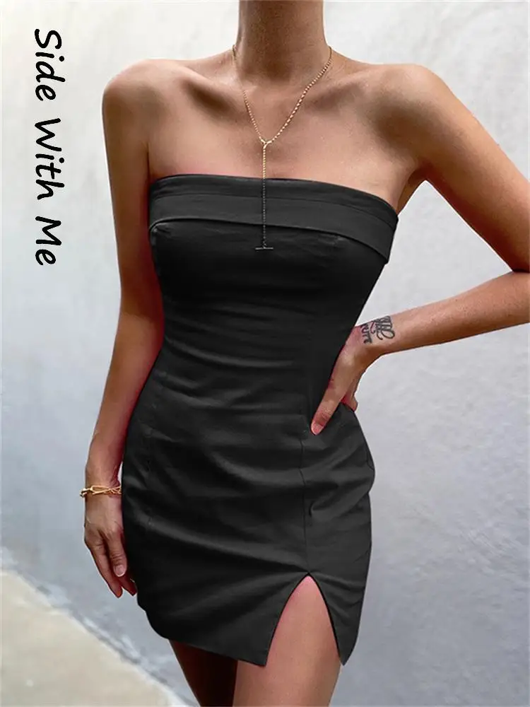 

Side with Me Off Shoulder Sexy Split Bodycon Mini Woman Dress 2022 Summer Club Party Elegant Strapless Slim Robe Women Dresses