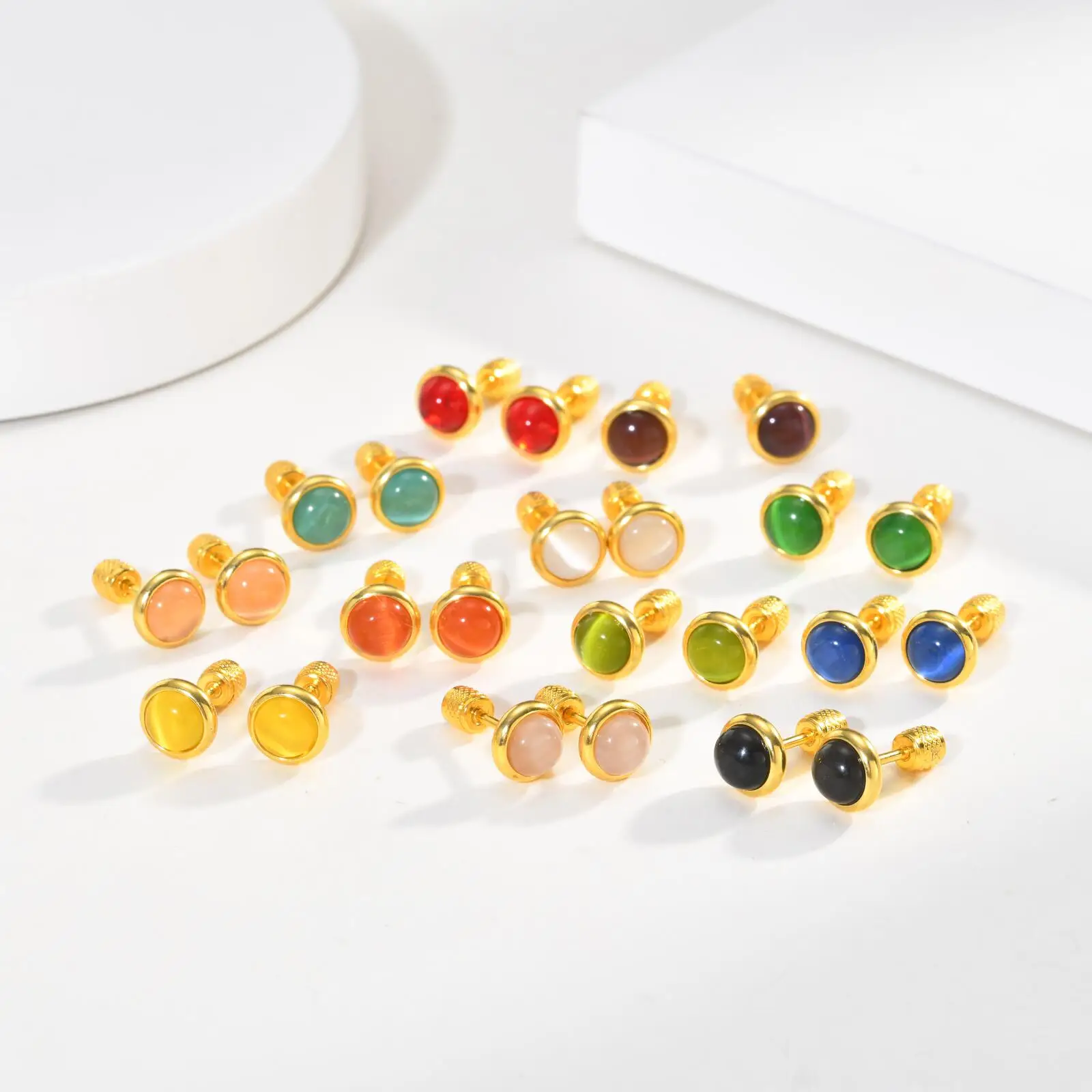 Фото Серьги-гвоздики Vnox Trendy с камнями-талисманами и разноцветными камнями «Кошачий глаз» для женщин, ювелирные украшения для повседневной носки и вечеринок, подарки №3