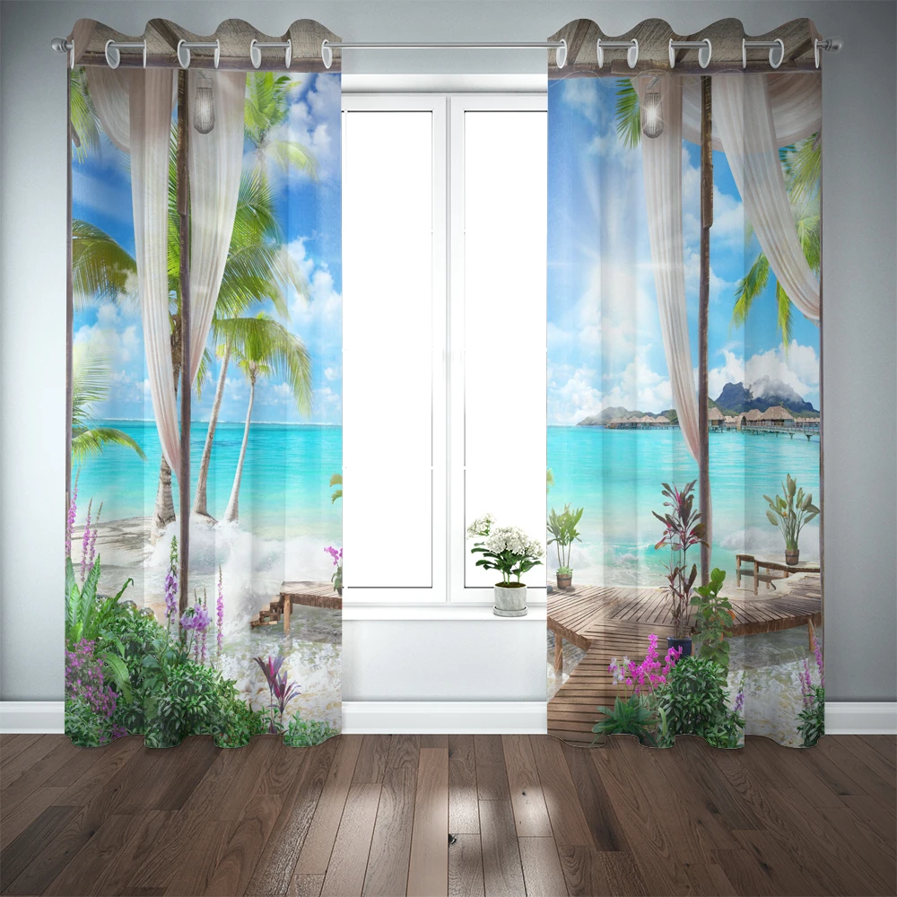 

HD environmental protection digital printing window beautiful beach beach scenery curtain blackout curtain