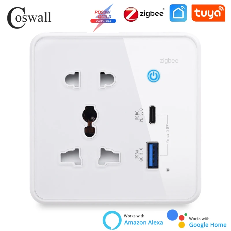 

Белая стеклянная умная розетка Coswall с быстрым зарядным устройством 20 Вт