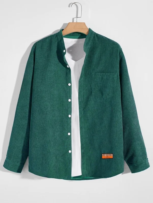 

Men Male Patched Button Korean Long Sleeves Warm High Quanlity Causal Vintage Style Corduroy Shirt