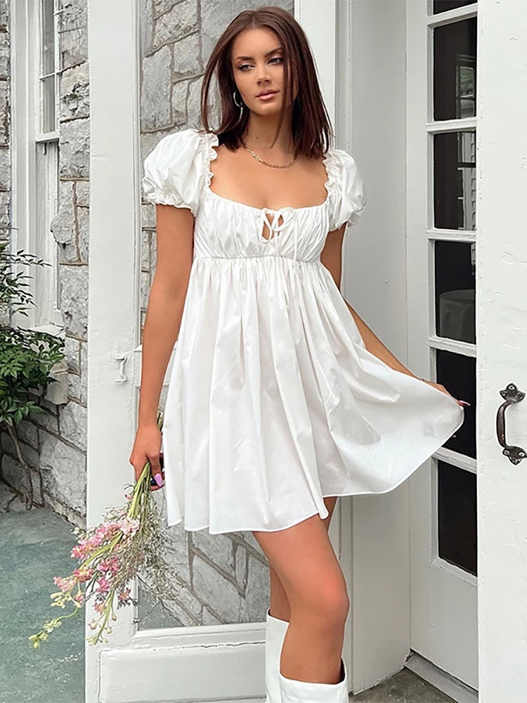 

Sexy Square Neck Lace Up Puff Sleeve White Mini Dress Women 2022 Summer Elegant Backless Beach Party Dresses Casual Streetwear