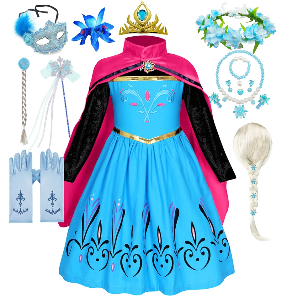 

Elsa Dress with Cloak for Kid Princess Cosplay Frozen Costume Halloween Party Crown Clothing 10Y Christmas Snow Queen Birthday
