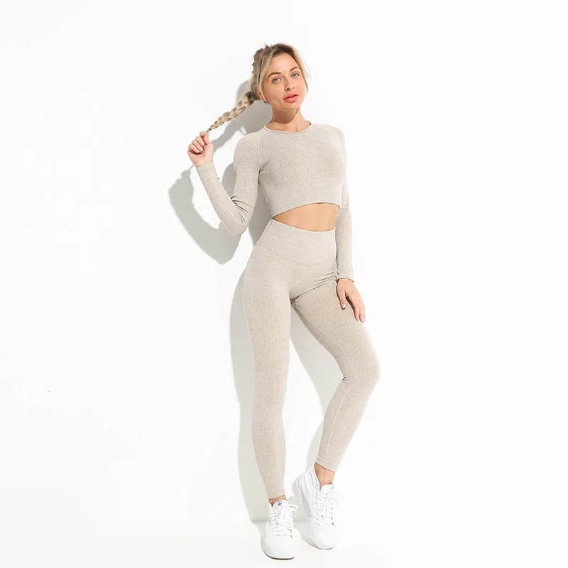 Sportswear Women Gym Set Yoga Suit Seamless Workout Running Clothing Leggings 2Pcs Long Sleeve Sportswear Women's Tracksuit