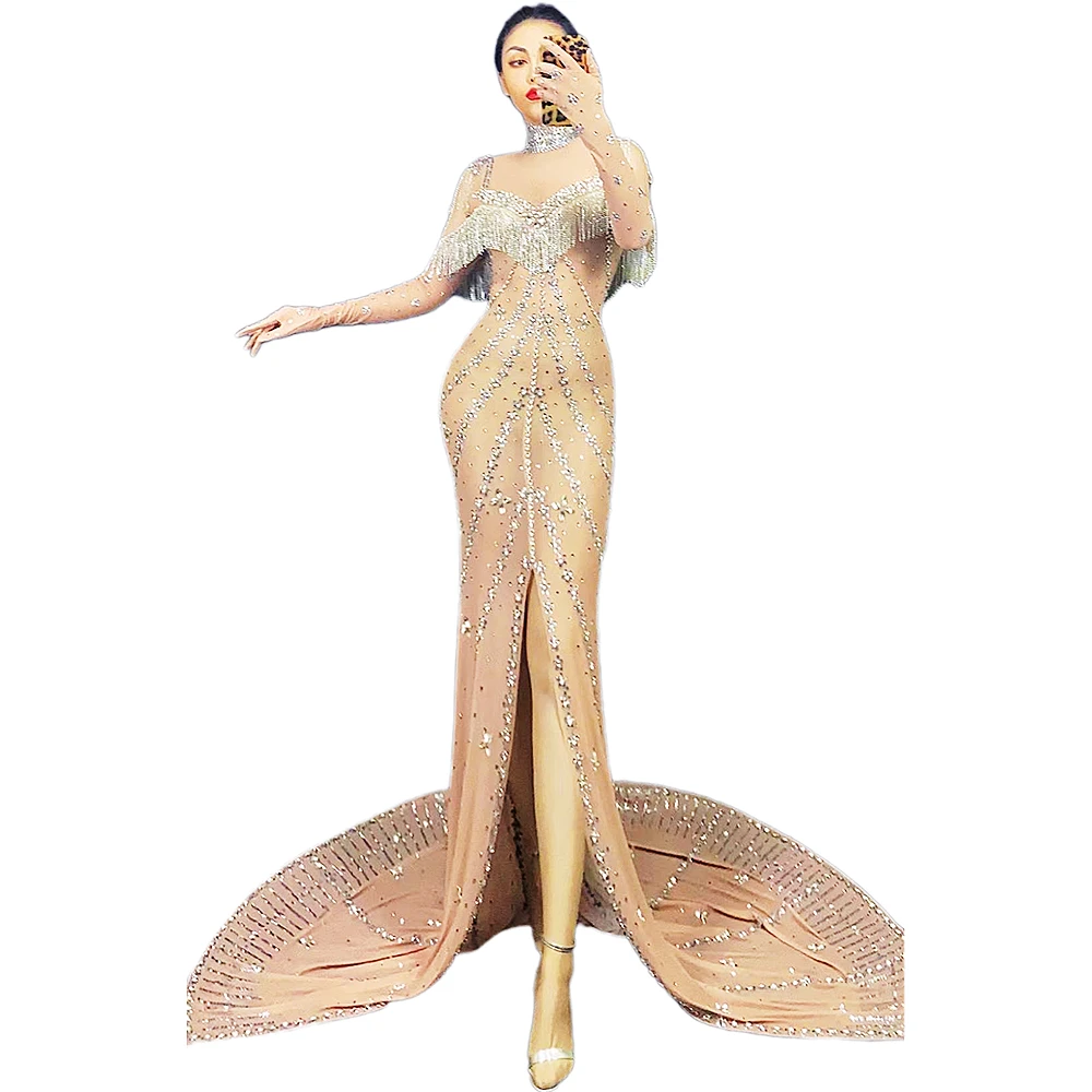 

Nude Shining Rhinestones tassel Split Sexy Women Long Dress Wedding Party Evening Clothing Entertainers Perform Costumes