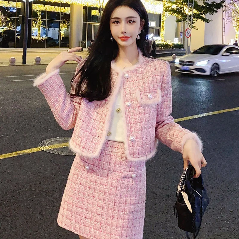 

Xiaoxiangfeng Fashion Outfits Women's Autumn Winter New Korean Style Thickened Short Coat+Elegant Half Skirt Two Piece Set