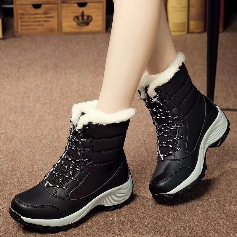 Size 35-42 Women Snowshoes Winter New Suede Thickened Shoes Girls Korean Version Of High-top Lace-up Waterproof Cotton Boots