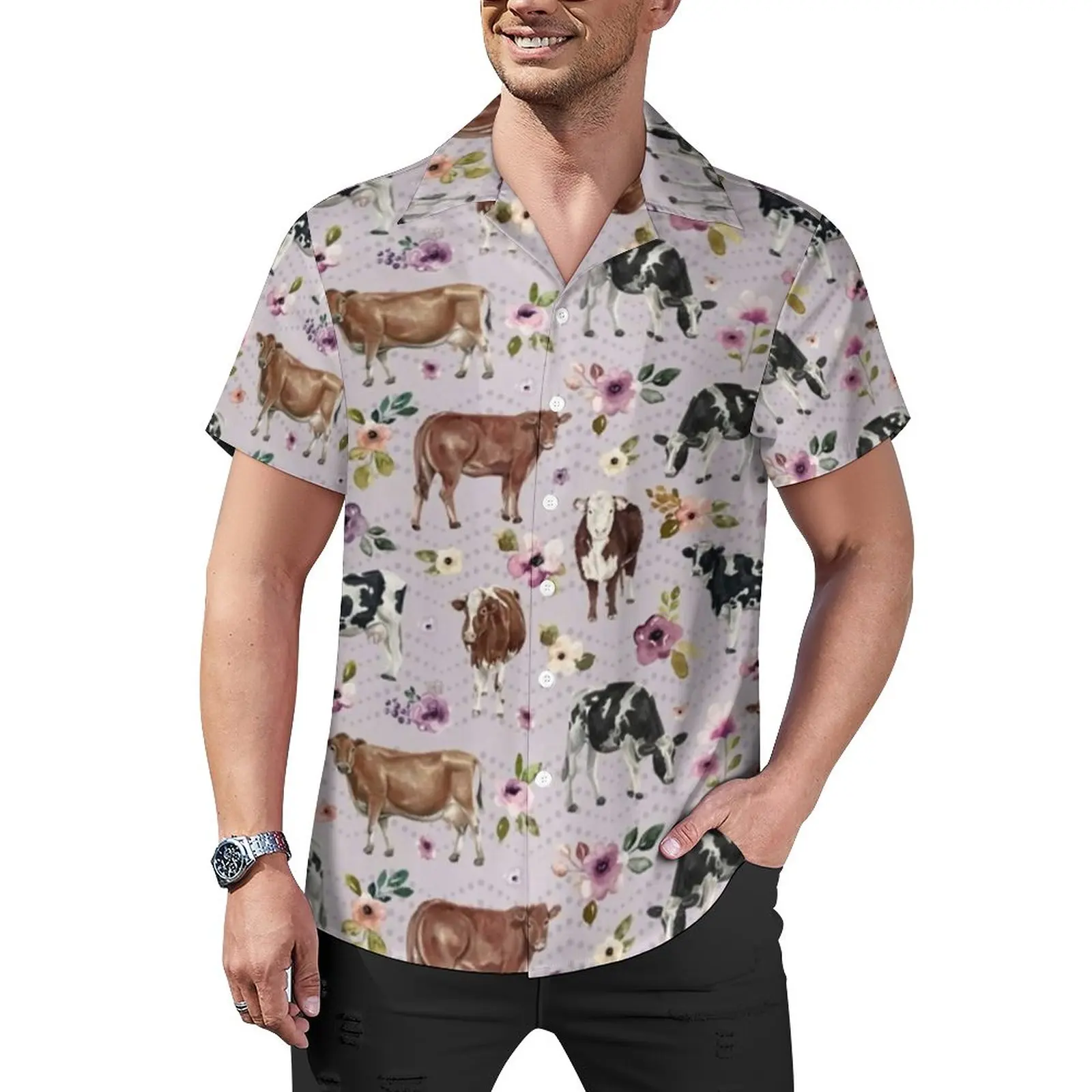 

Пляжная рубашка из коровы и цветов, акварельные Гавайские повседневные рубашки с цветочным рисунком, мужские забавные блузки, топ с коротким рукавом, модель 4XL