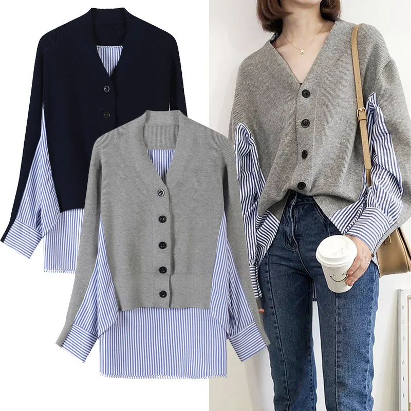 

Two-piece knitted cardigan women's colorblock V-neck sweater women's coat