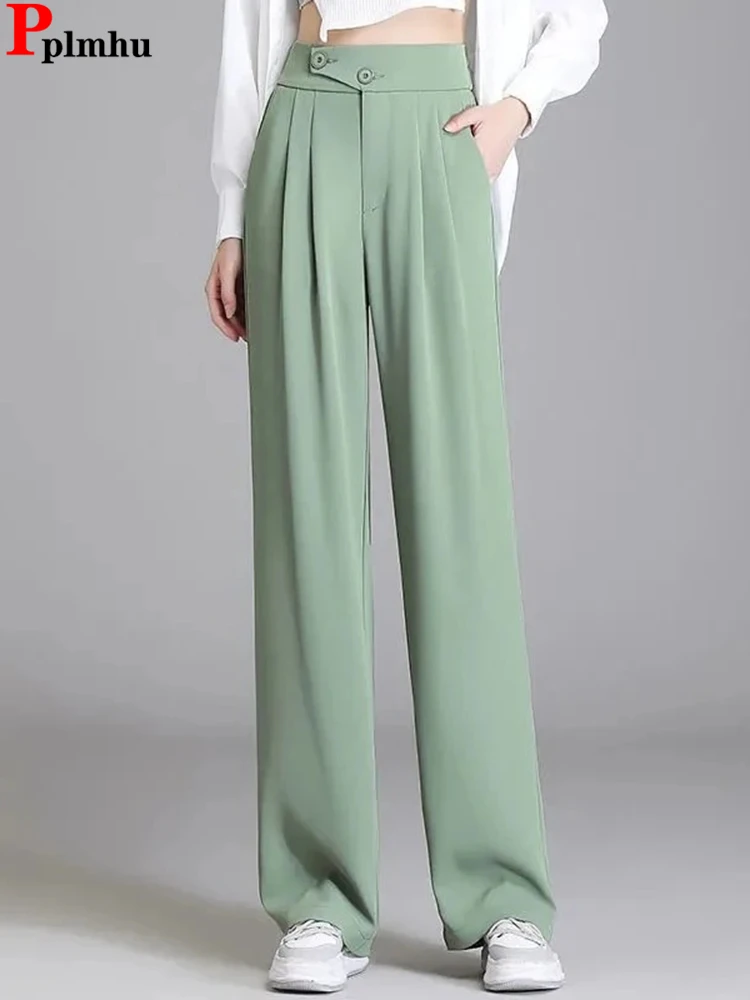 Korean Thin High Waist Wide Leg Pants Spring Summer Baggy Office Pantalones Formal Straight Suit Spodnie Women Casual Trousers