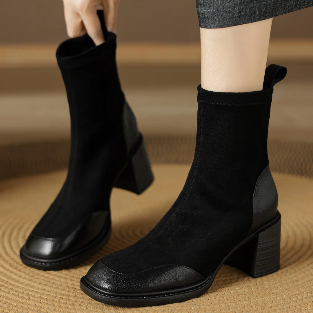 Женские Эластичные ботильоны из овечьей шкуры Лоскутные ботинки без шнуровки