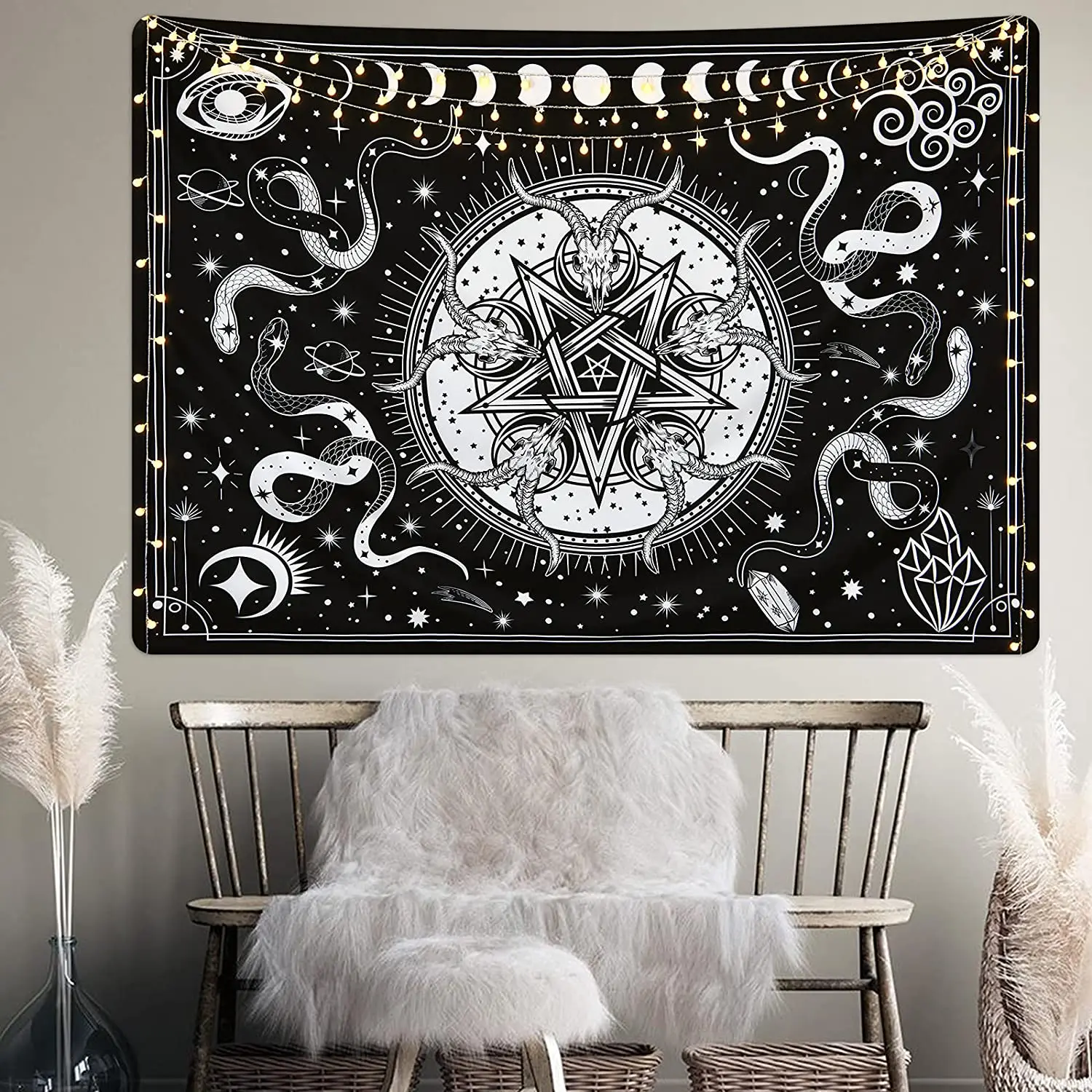 Witch Tapestry Black and White Tapestry Snake Tapestries Moon Star Tapestry Black Gothic Tapestry Wall Hanging for Room