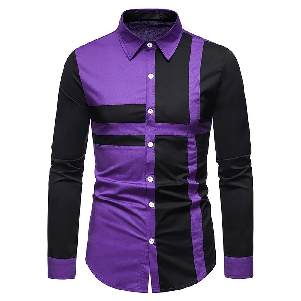 

2022 New Hollow European Size Men's Trend Splicing Asymmetric Long-sleeved Shirt Western Denim Shirt Slim Fit Social Dress