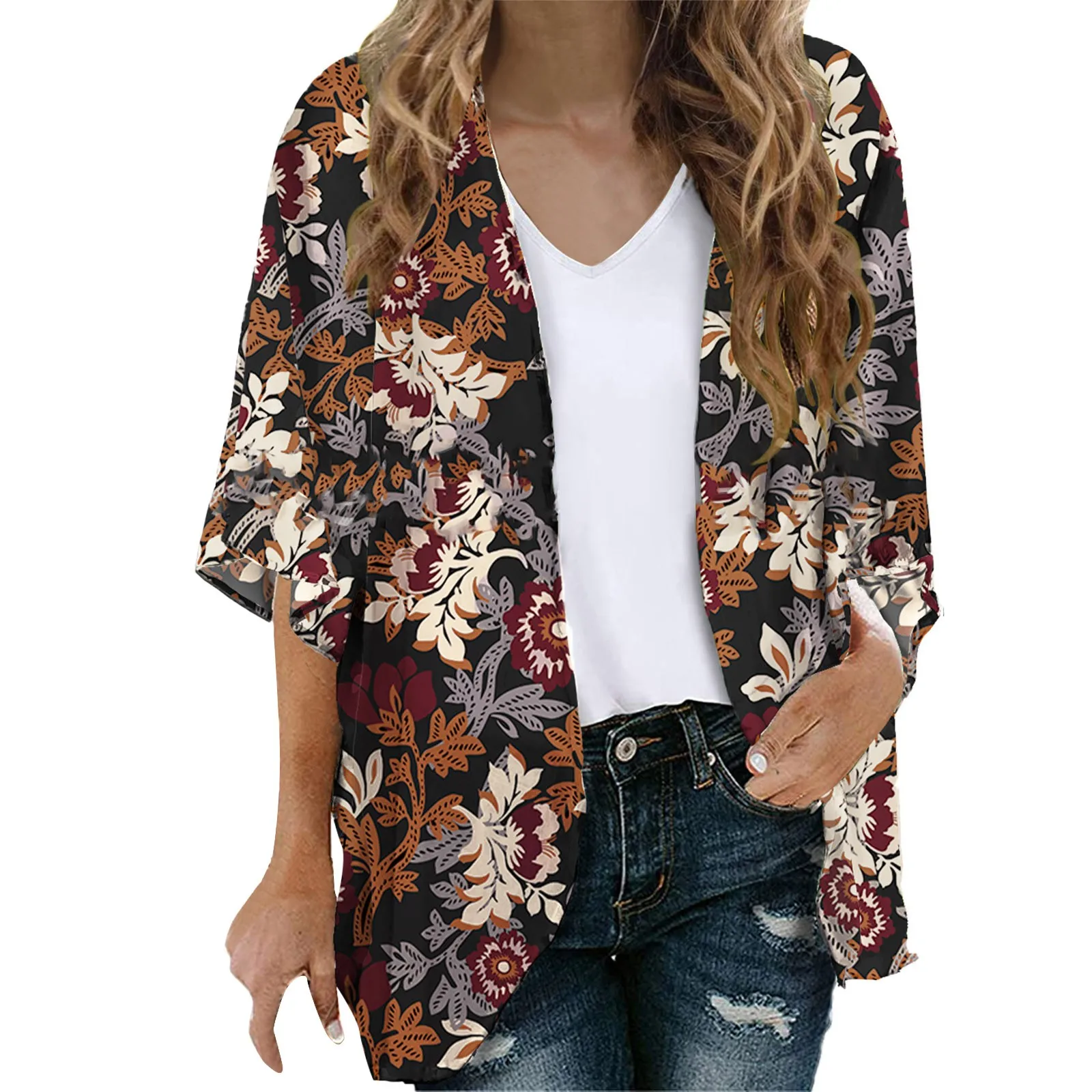 

Men Sweater Cardigan Women's Floral Print Puff Sleeve Kimono Cardigan Loose Cover Up Casual Blouse Open Cardigan Sweater Women