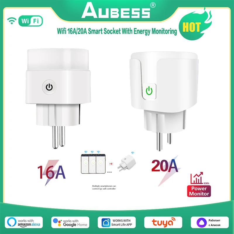 

Aubess 16A 20A Tuya Wifi Smart Power Socket Smart Home With Energy Monitoring EU Smart Plug Via Yandex Alexa Alice Google Home