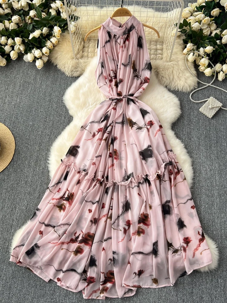 Платье женское шифоновое ТРАПЕЦИЕВИДНОЕ с цветочным принтом без рукавов