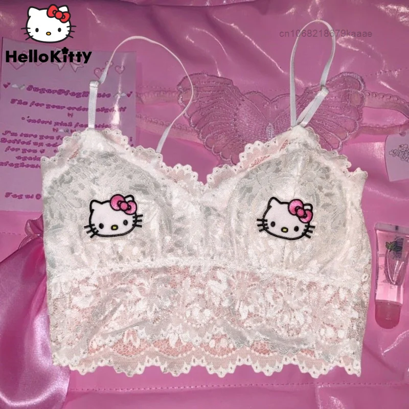 

Sanrio Hello Kitty Lingerie Y2k Millennial Spice Girl Lace Backstrap Women Kawaii Cup Sexy Bra Cartoon Crop Top Female Underwear