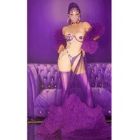 sexy nude purple rhinestones jumpsuit mesh ruffles cloak women long performance costume nightclub outfit dancer show stage wear